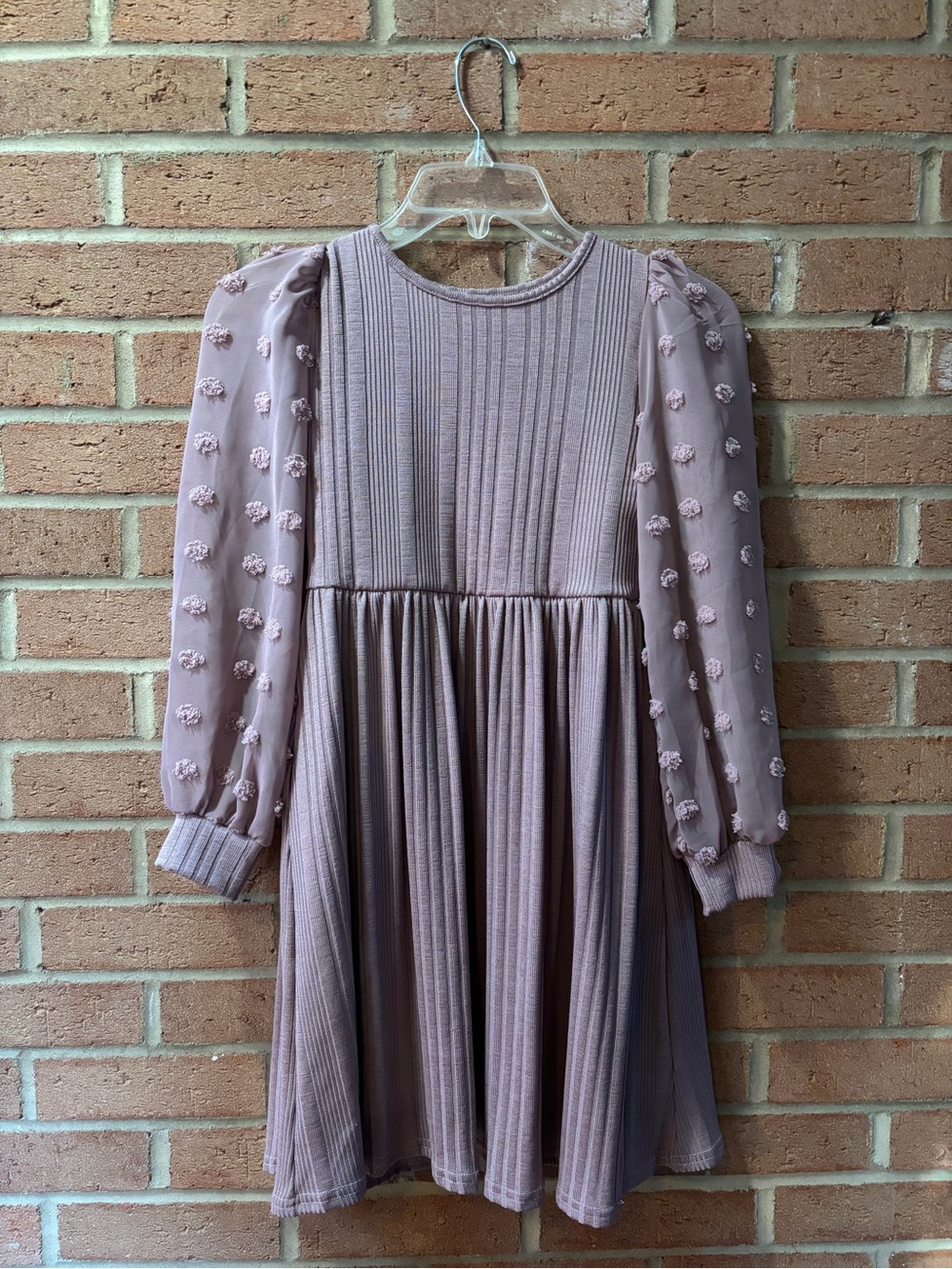 Dusty Rose Ribbed Girls Dress – Size L | Floral Mesh Sleeves